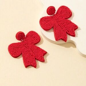 1pair Stainless Steel Earrings With Handmade Rice Pearl & Bowknot Red